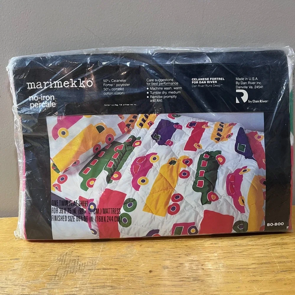 Vtg Marimekko Bo-Boo Twin Flat Sheet Dan River MCM Cars Trucks NIP Made in USA